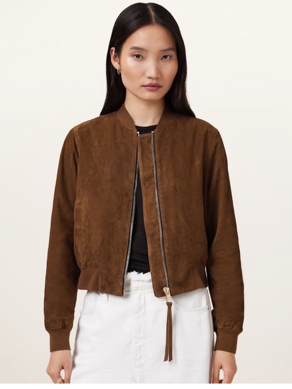 Allsaints Orten Suede Bomber Jacket Sugar Brown Size 4